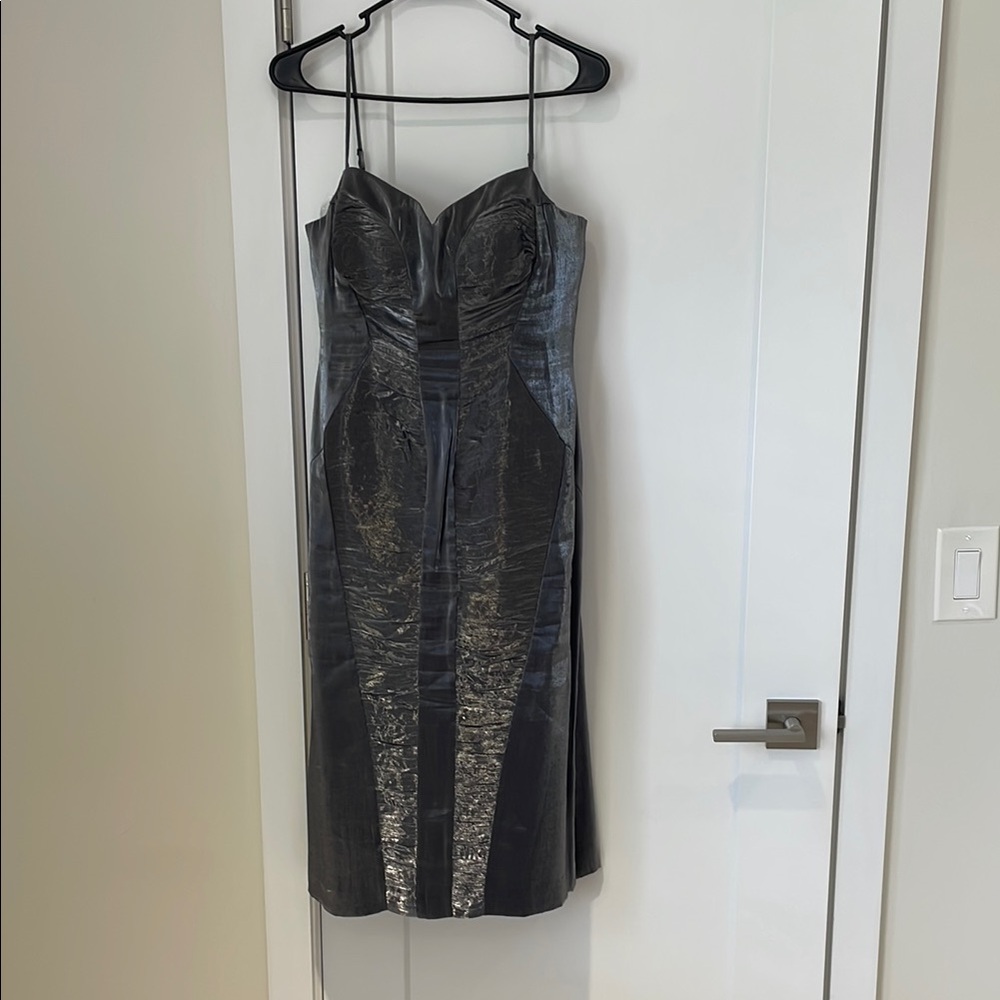 Adrianna Papell Gray Ruched Sheath Midi Dress